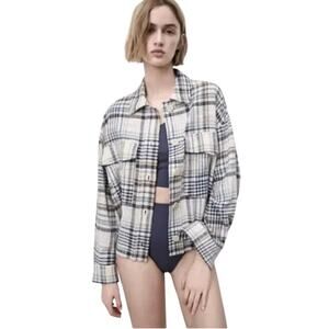 ZARA Plaid Flannel Overshirt Jacket Sz M Cotton Blend Soft Neutral Earth Tones